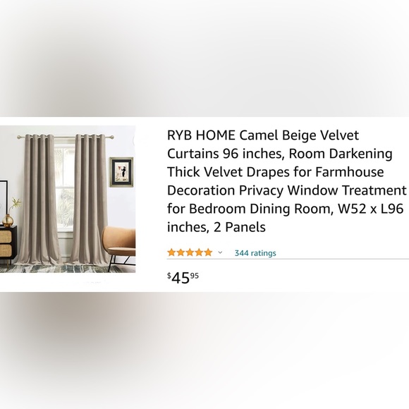 COPY - 2 Panel 52X96” RYB HOME Camel Velvet Curtains Velvet Drapes modern Farmh… - Picture 2 of 7